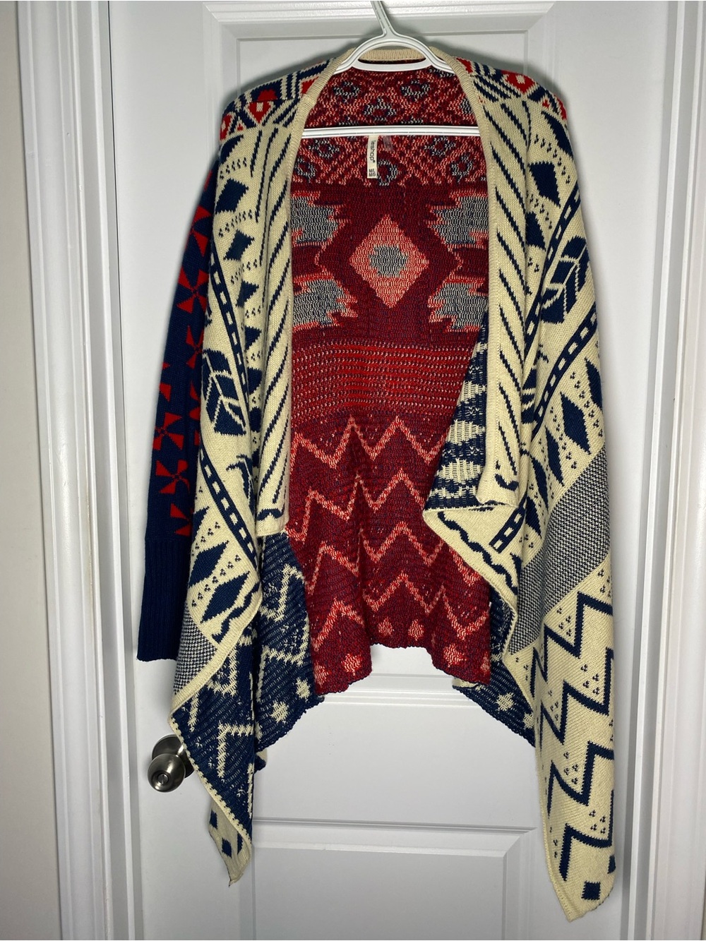 Leshop Cozy Aztec Open-Front Cardigan Sweater - Red & Navy Size M/L